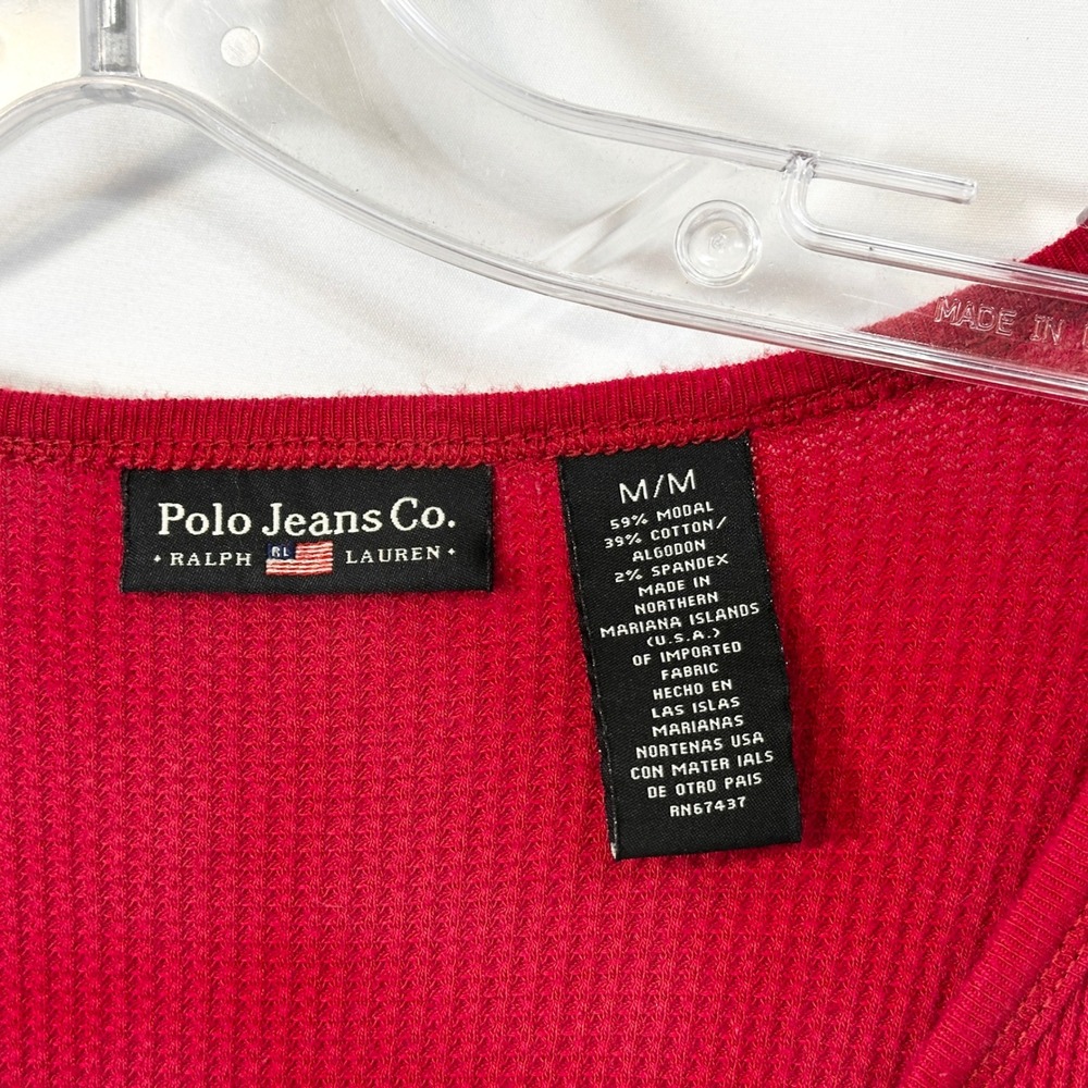 VTG Polo Ralph Lauren Medium Henley Top Red Waffle Knit Thermal Y2K Preppy 1501 - Picture 7 of 8